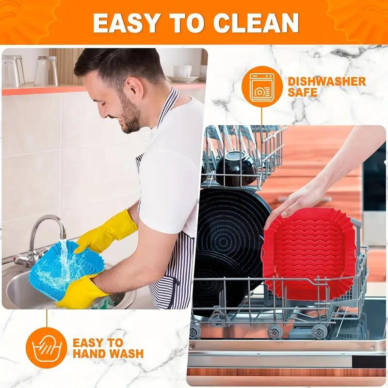 2 Pieces of Square Silicone Air Fryer Liners - 8-Inch Reusable Air Fryer Pots - Air Fryer Accessories - Air Fryer Inserts for 4 to 7 QT Oven and Microwave Accessories (Red + Blue)