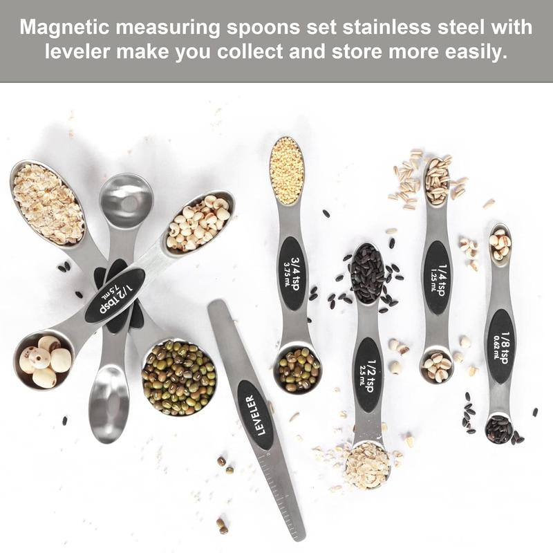 Magnetic Measuring Spoons Set Stainless Steel with Leveler, Stackable Metal Tablespoon Measure Spoon for Baking, Cups and Spoon Set Kitchen Gadgets Apartment Essentials Fits in Spice Jars Plastic Utensils