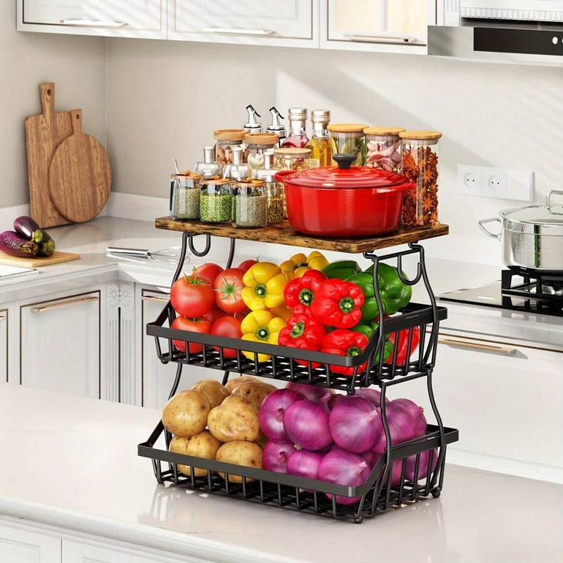 3-Tier Fruit Basket for Kitchen Bowl with Side Hooks for Kitchen Countertops, Metal Bread Fruit Vegetable Storage Basket Stand with Wooden Handle, Black
