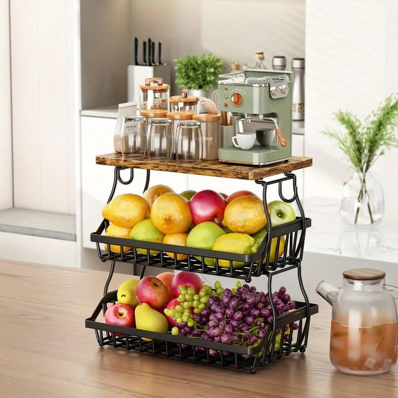 3-Tier Fruit Basket for Kitchen Bowl with Side Hooks for Kitchen Countertops, Metal Bread Fruit Vegetable Storage Basket Stand with Wooden Handle, Black