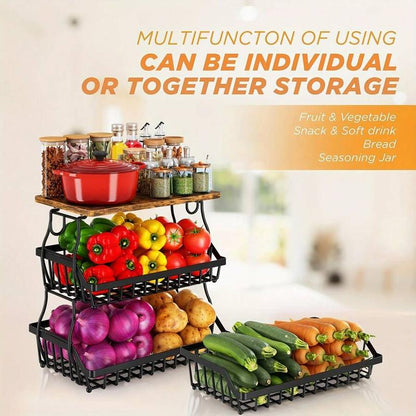3-Tier Fruit Basket for Kitchen Bowl with Side Hooks for Kitchen Countertops, Metal Bread Fruit Vegetable Storage Basket Stand with Wooden Handle, Black