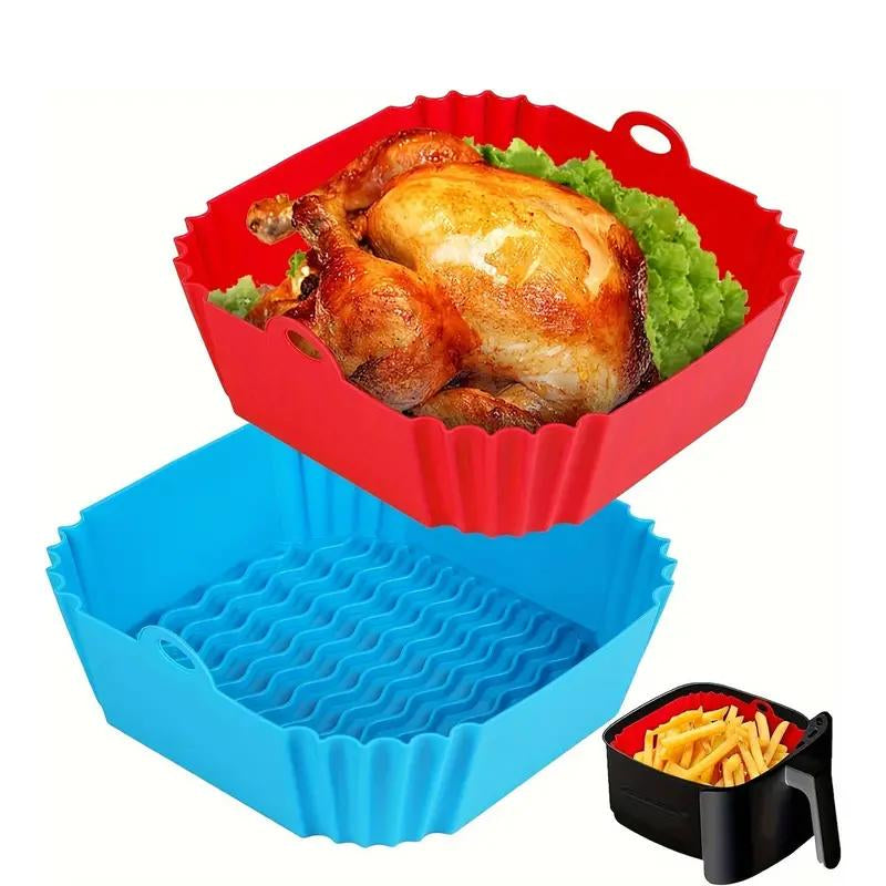 2 Pieces of Square Silicone Air Fryer Liners - 8-Inch Reusable Air Fryer Pots - Air Fryer Accessories - Air Fryer Inserts for 4 to 7 QT Oven and Microwave Accessories (Red + Blue)