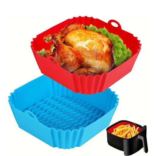 2 Pieces of Square Silicone Air Fryer Liners - 8-Inch Reusable Air Fryer Pots - Air Fryer Accessories - Air Fryer Inserts for 4 to 7 QT Oven and Microwave Accessories (Red + Blue)