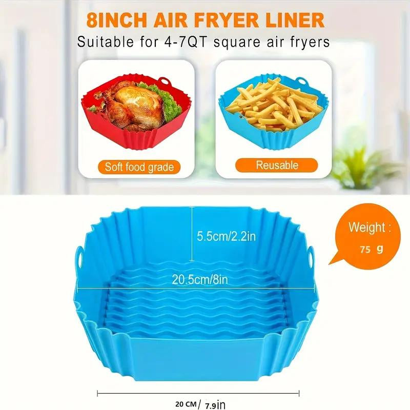 2 Pieces of Square Silicone Air Fryer Liners - 8-Inch Reusable Air Fryer Pots - Air Fryer Accessories - Air Fryer Inserts for 4 to 7 QT Oven and Microwave Accessories (Red + Blue)
