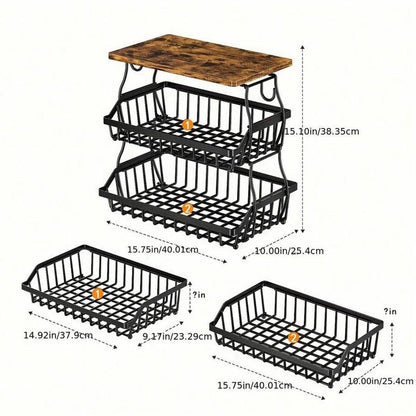 3-Tier Fruit Basket for Kitchen Bowl with Side Hooks for Kitchen Countertops, Metal Bread Fruit Vegetable Storage Basket Stand with Wooden Handle, Black