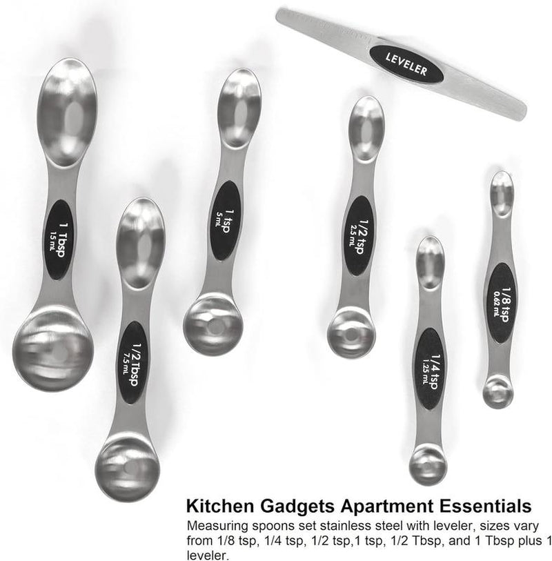 Magnetic Measuring Spoons Set Stainless Steel with Leveler, Stackable Metal Tablespoon Measure Spoon for Baking, Cups and Spoon Set Kitchen Gadgets Apartment Essentials Fits in Spice Jars Plastic Utensils