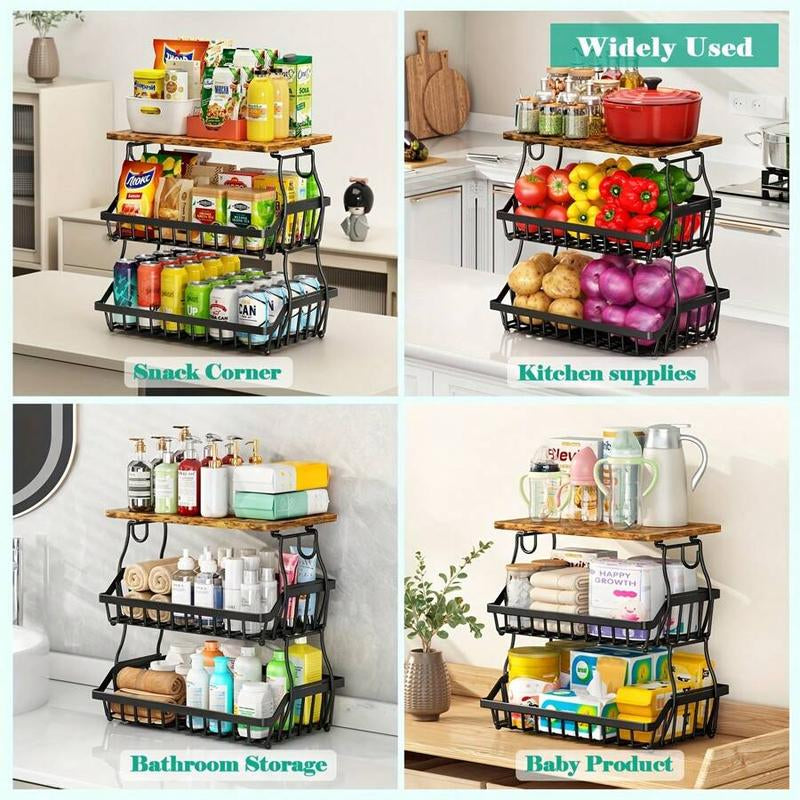 3-Tier Fruit Basket for Kitchen Bowl with Side Hooks for Kitchen Countertops, Metal Bread Fruit Vegetable Storage Basket Stand with Wooden Handle, Black
