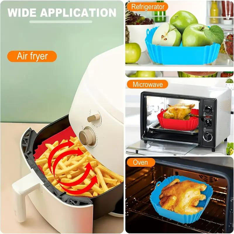 2 Pieces of Square Silicone Air Fryer Liners - 8-Inch Reusable Air Fryer Pots - Air Fryer Accessories - Air Fryer Inserts for 4 to 7 QT Oven and Microwave Accessories (Red + Blue)