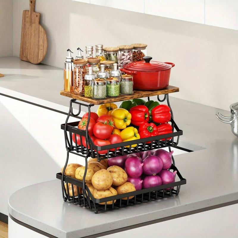 3-Tier Fruit Basket for Kitchen Bowl with Side Hooks for Kitchen Countertops, Metal Bread Fruit Vegetable Storage Basket Stand with Wooden Handle, Black