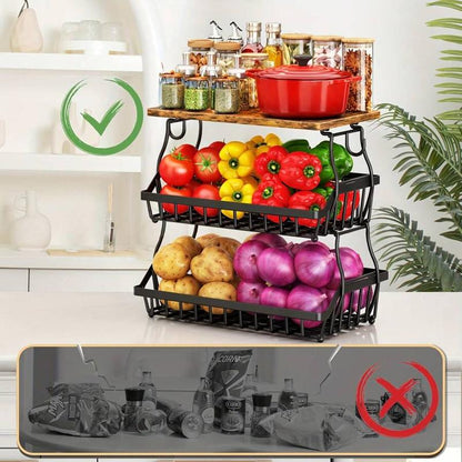 3-Tier Fruit Basket for Kitchen Bowl with Side Hooks for Kitchen Countertops, Metal Bread Fruit Vegetable Storage Basket Stand with Wooden Handle, Black