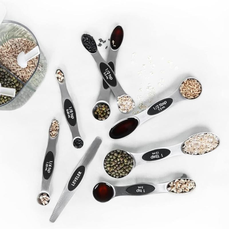 Magnetic Measuring Spoons Set Stainless Steel with Leveler, Stackable Metal Tablespoon Measure Spoon for Baking, Cups and Spoon Set Kitchen Gadgets Apartment Essentials Fits in Spice Jars Plastic Utensils