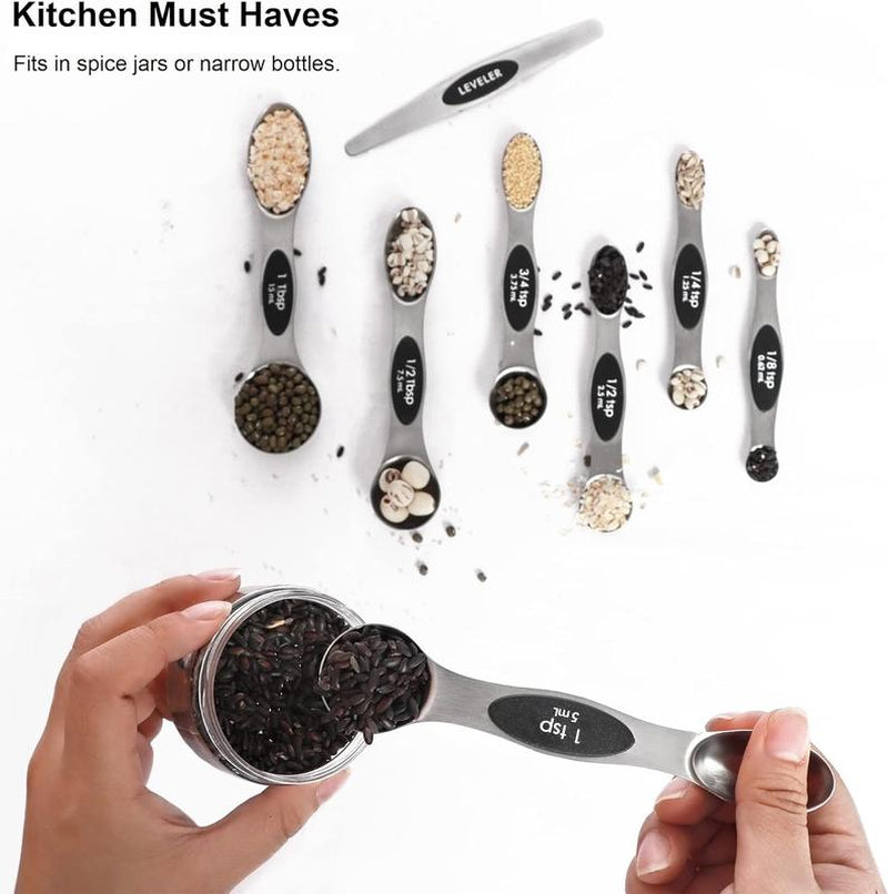 Magnetic Measuring Spoons Set Stainless Steel with Leveler, Stackable Metal Tablespoon Measure Spoon for Baking, Cups and Spoon Set Kitchen Gadgets Apartment Essentials Fits in Spice Jars Plastic Utensils