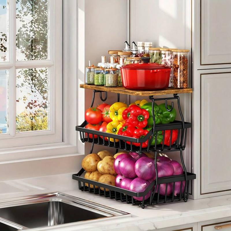 3-Tier Fruit Basket for Kitchen Bowl with Side Hooks for Kitchen Countertops, Metal Bread Fruit Vegetable Storage Basket Stand with Wooden Handle, Black