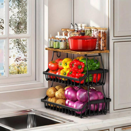 3-Tier Fruit Basket for Kitchen Bowl with Side Hooks for Kitchen Countertops, Metal Bread Fruit Vegetable Storage Basket Stand with Wooden Handle, Black