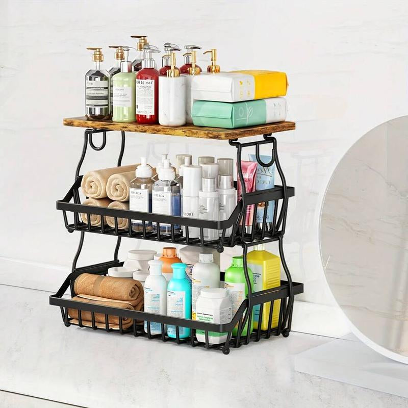 3-Tier Fruit Basket for Kitchen Bowl with Side Hooks for Kitchen Countertops, Metal Bread Fruit Vegetable Storage Basket Stand with Wooden Handle, Black