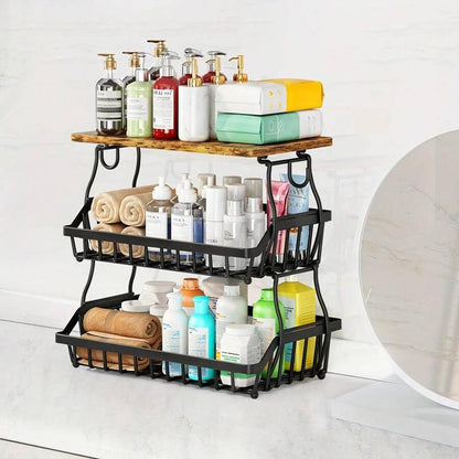 3-Tier Fruit Basket for Kitchen Bowl with Side Hooks for Kitchen Countertops, Metal Bread Fruit Vegetable Storage Basket Stand with Wooden Handle, Black