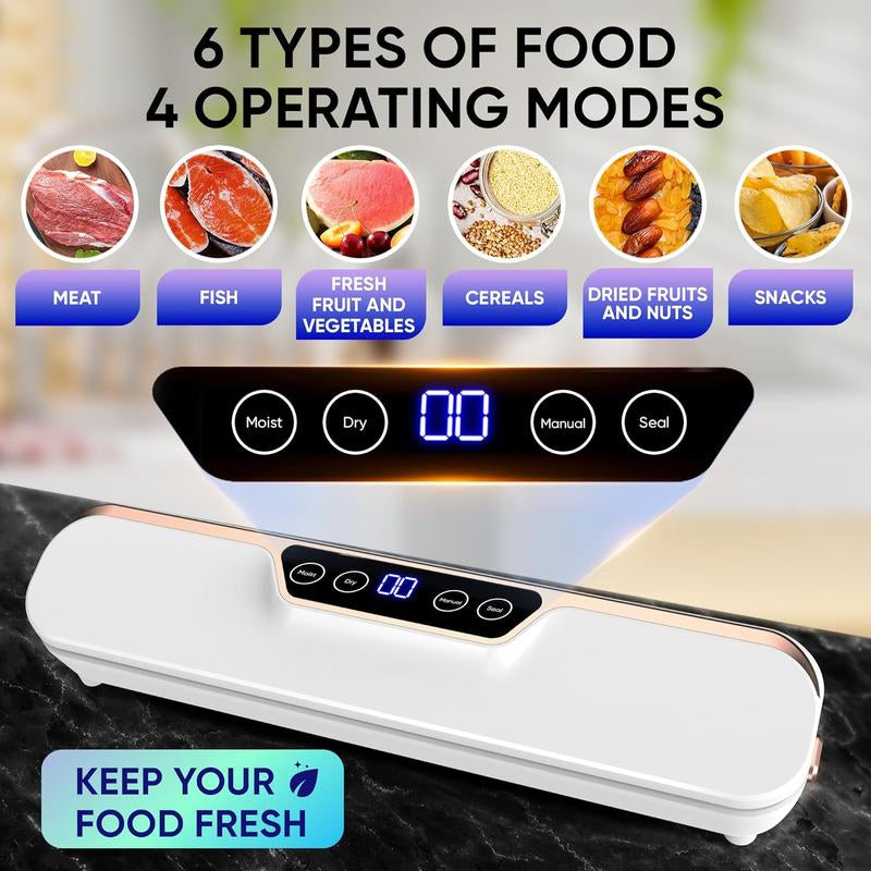 Vacuum Sealer Machine 8 in 1 with Build-In Cutter Automatic Air Sealing System LED Indicator for Food Storage Dry & Moist Modes 15Pcs Seal Bags Kit