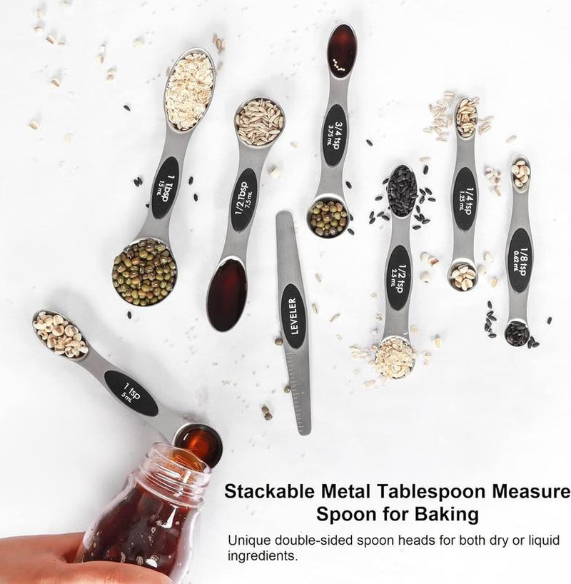 Magnetic Measuring Spoons Set Stainless Steel with Leveler, Stackable Metal Tablespoon Measure Spoon for Baking, Cups and Spoon Set Kitchen Gadgets Apartment Essentials Fits in Spice Jars Plastic Utensils