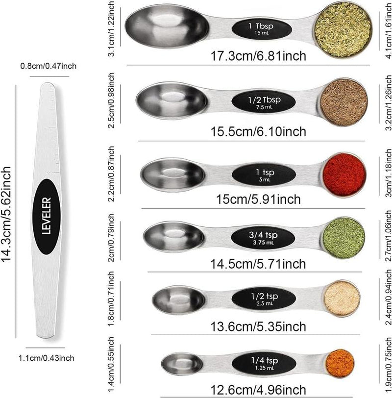 Magnetic Measuring Spoons Set Stainless Steel with Leveler, Stackable Metal Tablespoon Measure Spoon for Baking, Cups and Spoon Set Kitchen Gadgets Apartment Essentials Fits in Spice Jars Plastic Utensils